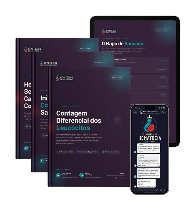 Mockup dos materiais de bônus: apostilas do curso, guia de bancada no tablet e o Grupo VIP no WhatsApp.