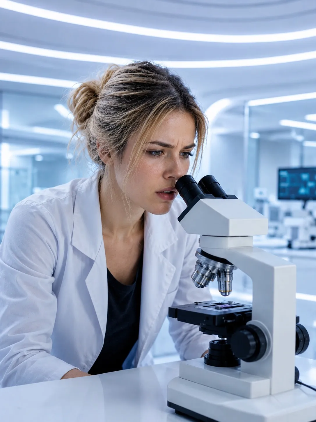 Estudante de biomedicina de jaleco branco observa uma lâmina ao microscópio, com expressão concentrada, em um laboratório moderno e iluminado.