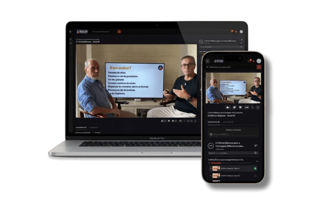 Mockup da plataforma do curso: uma aula em vídeo exibida em um notebook e em um smartphone.